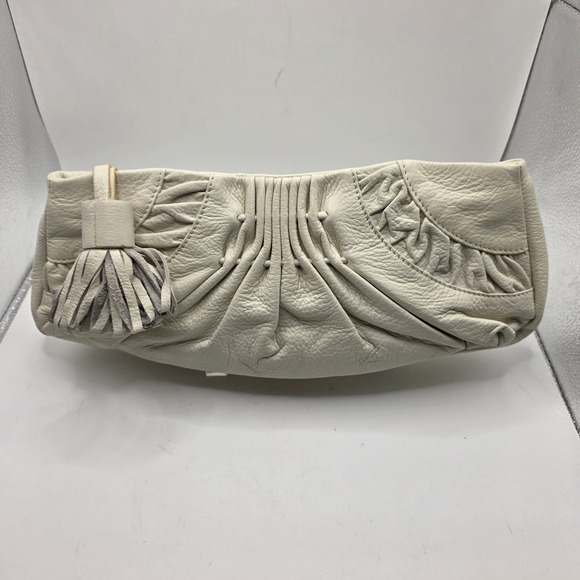 White House Black Market Handbags - White House Black Market Cream Leather Tassel Clutch Pleated Ruched Evening Bag